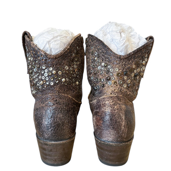Frye Vintage Brown Leather Deborah Studded Western Ankle Boots - Picture 3 of 10